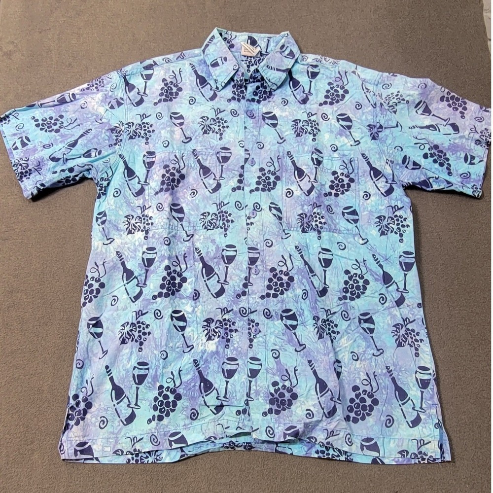 Rum Reggae Wine Vineyard Print Short Sleeve Button Down Shirt Blue Purple Mens M